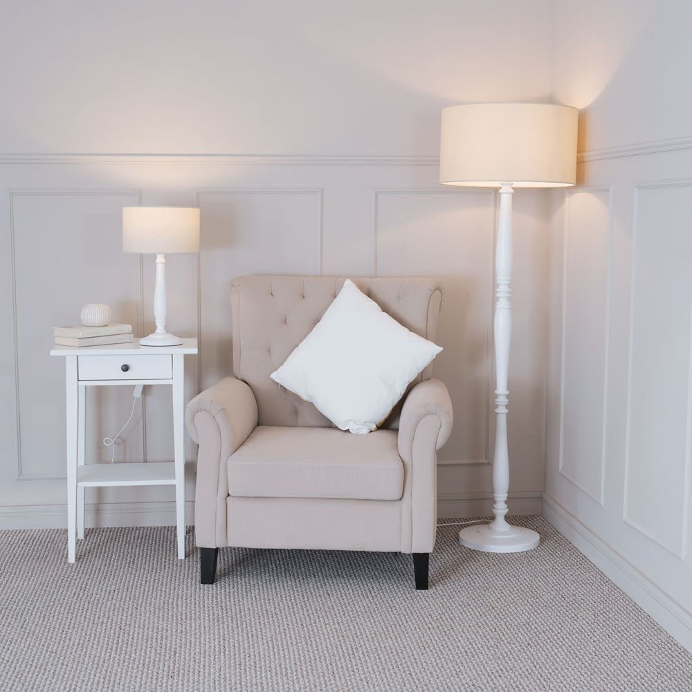 ValueLights Victoria Natural Fabric Drum Shade White Wood Traditional Stem LED Floor Lamp Image 4