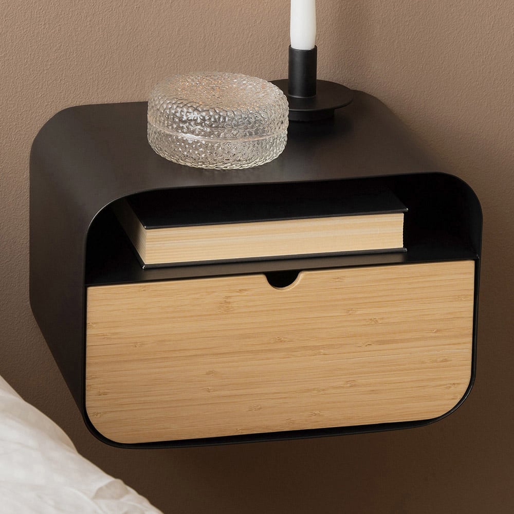 Florence Joliet Single Drawer Single Shelf Black and Bamboo Wall Mounted Bedside Table Image 1