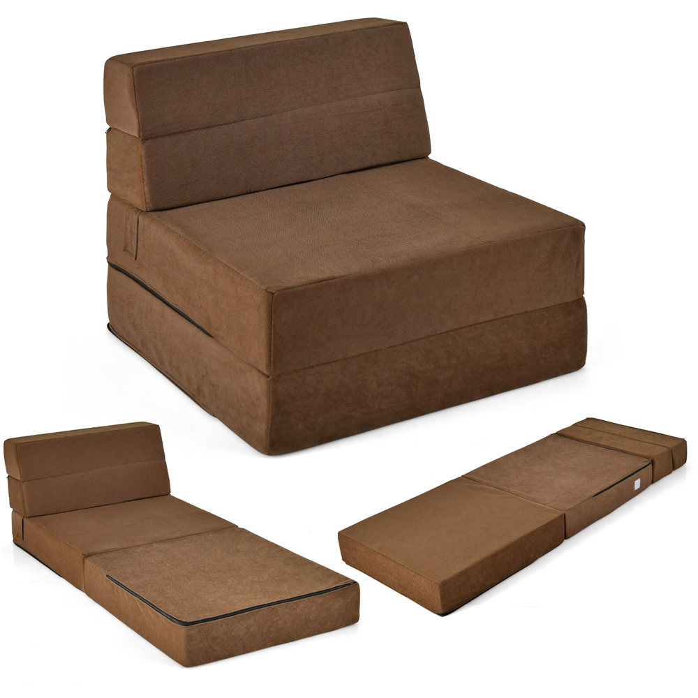 Costway Single Seater Brown Tri Folding Convertible Sofa Bed Image 2