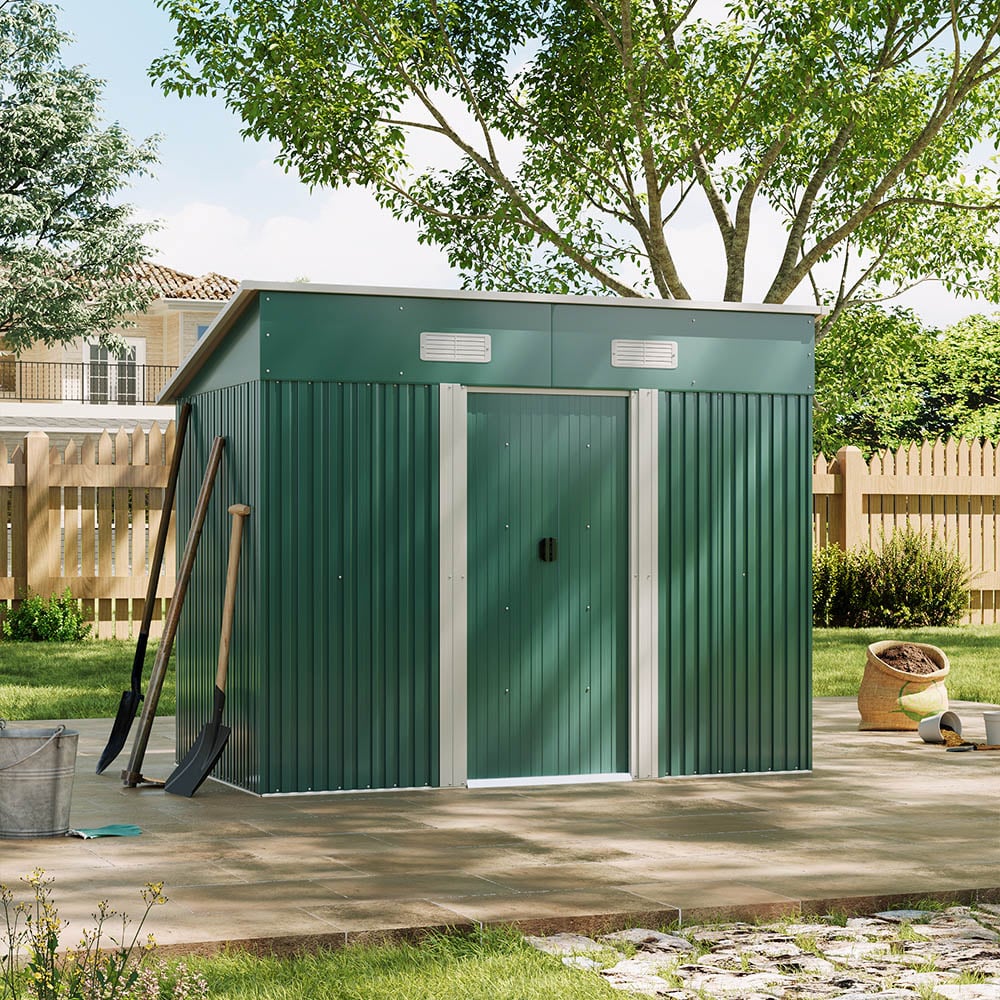 Living and Home 4 x 8ft Green Outdoor Flat Roof Double Sliding Door Metal Shed Image 6