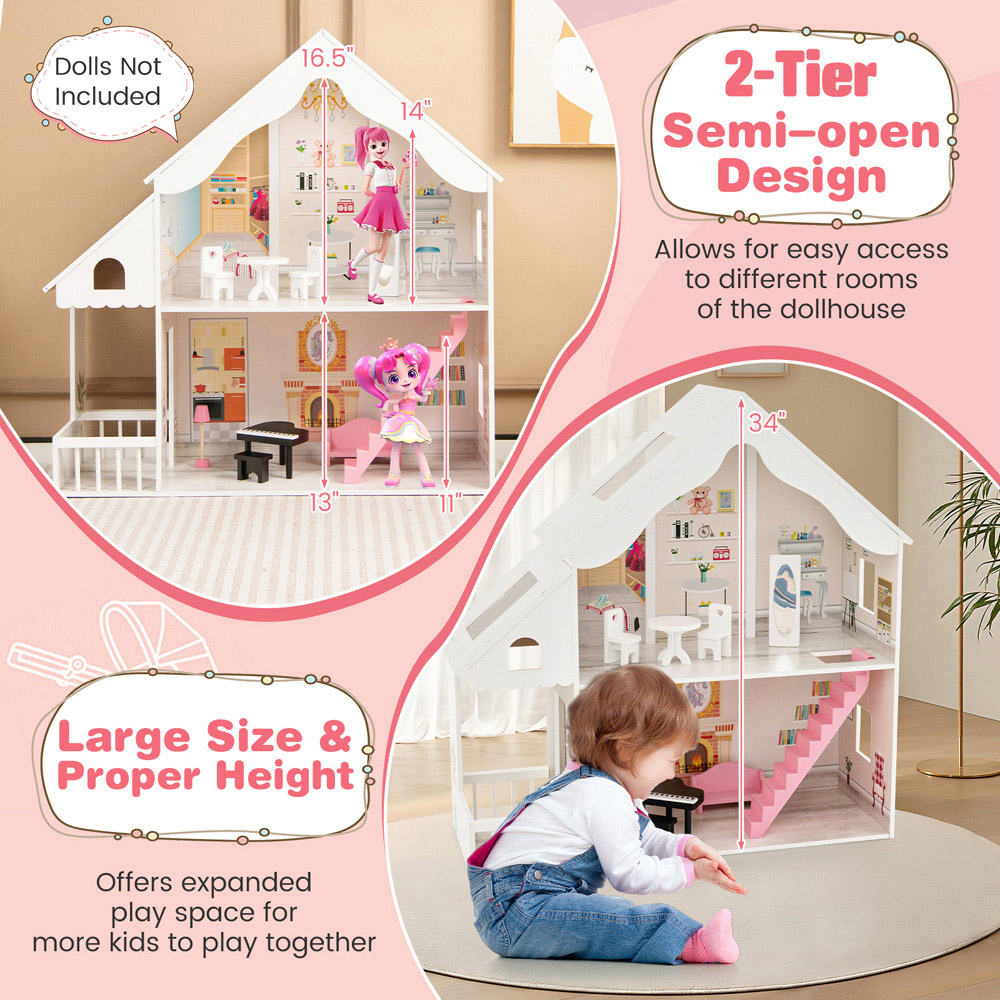 Costway White Kids Wooden Dollhouse Image 7