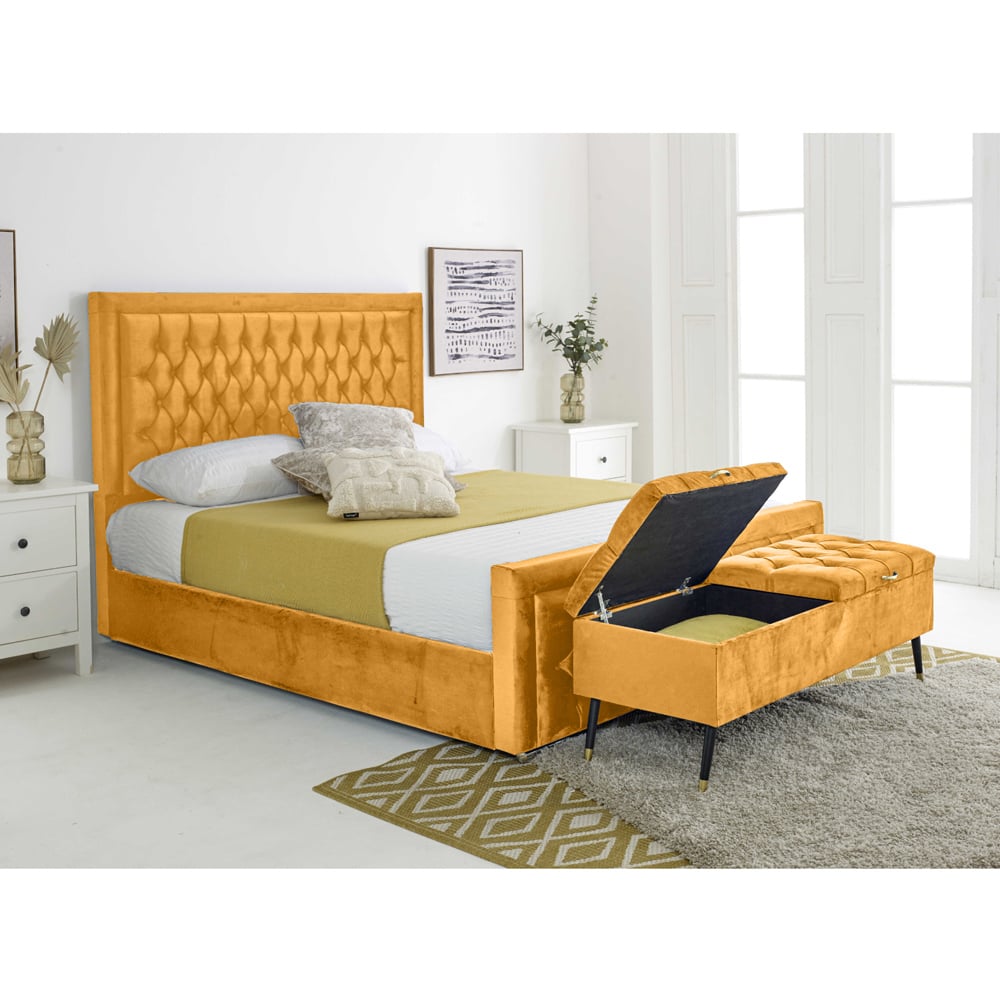 Eleganza Paloma Double Mustard Plush Velvet Bed Frame with Headboard and Footboard Image 3