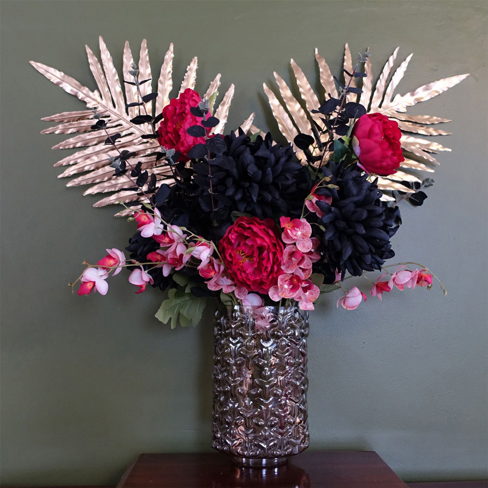 Leaf Gold Palm and Peony Artificial Flower Bundle with Glass Vase 80cm 13 Pack Image 2