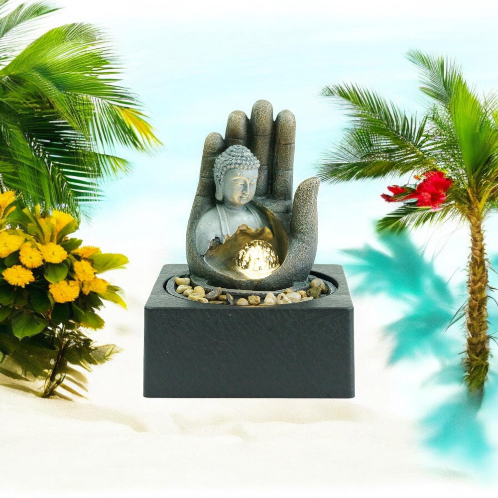 Acacia Home Grey Buddha and Hand Tabletop Fountain Image 3