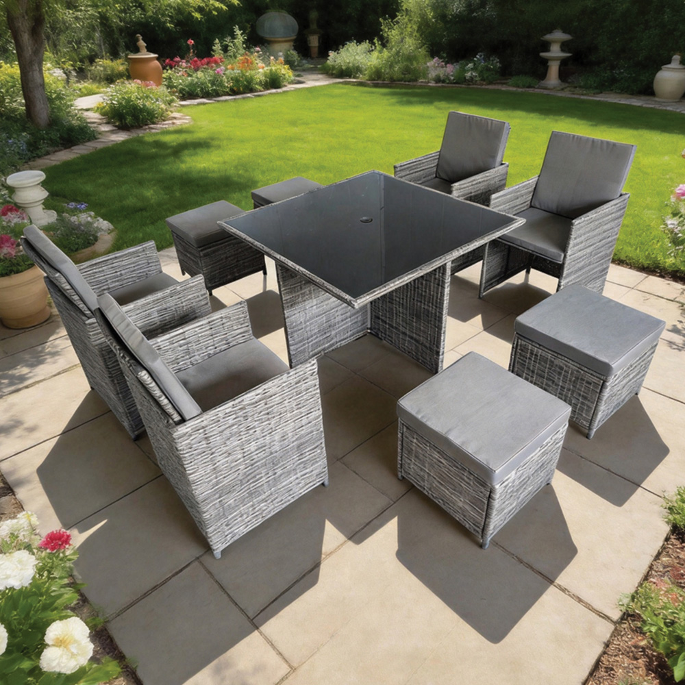 Furniture One 8 Seater Rattan Wicker Garden Cube Dining Set with Parasol Hole Image 1