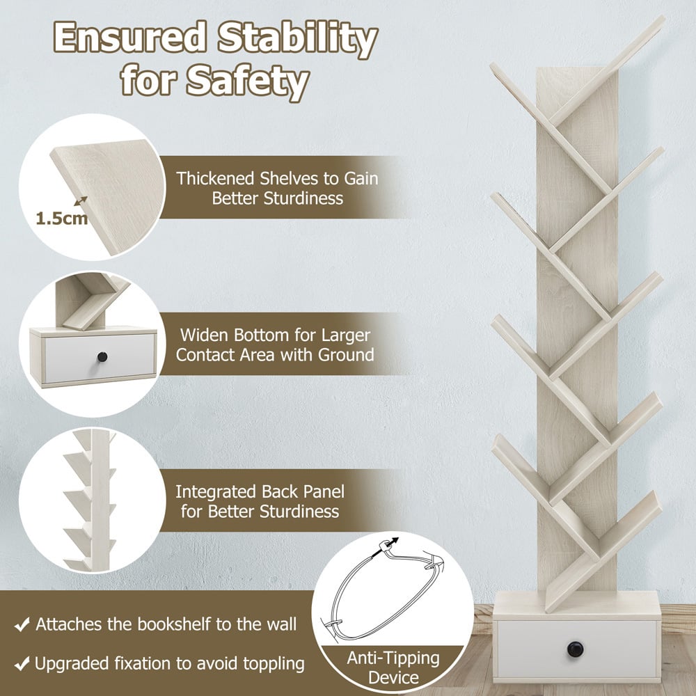 Costway Single Drawer 10 Shelf Beige Tree Bookshelf Image 8