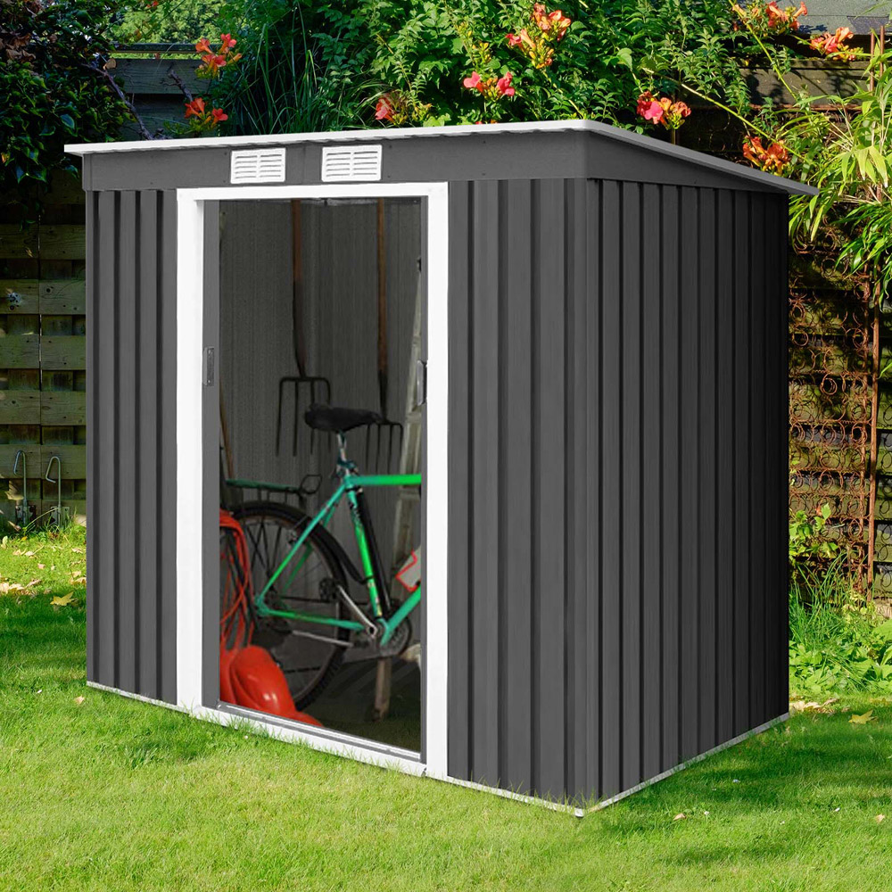 Costway Dark Grey Metal Garden Storage Shed with Sloping Roof Image 2