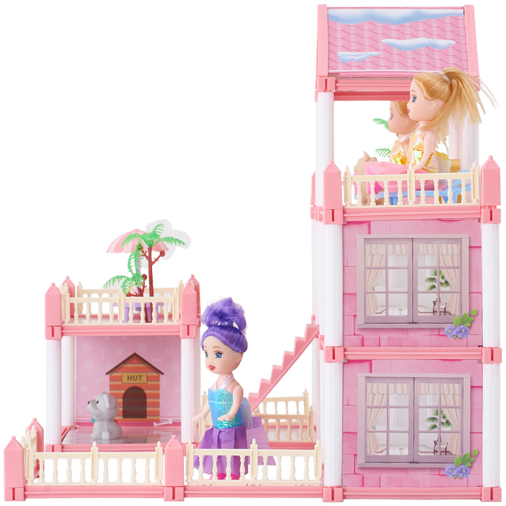 H&O Direct 192 Piece Kids Pink 3 Storey Dollhouse Playset with Furniture Image 2