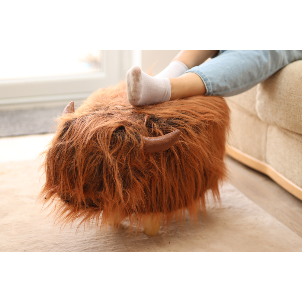 Gardeco Fergus The Highland Cow Dark Brown Synthetic Fur Footstool Image 8