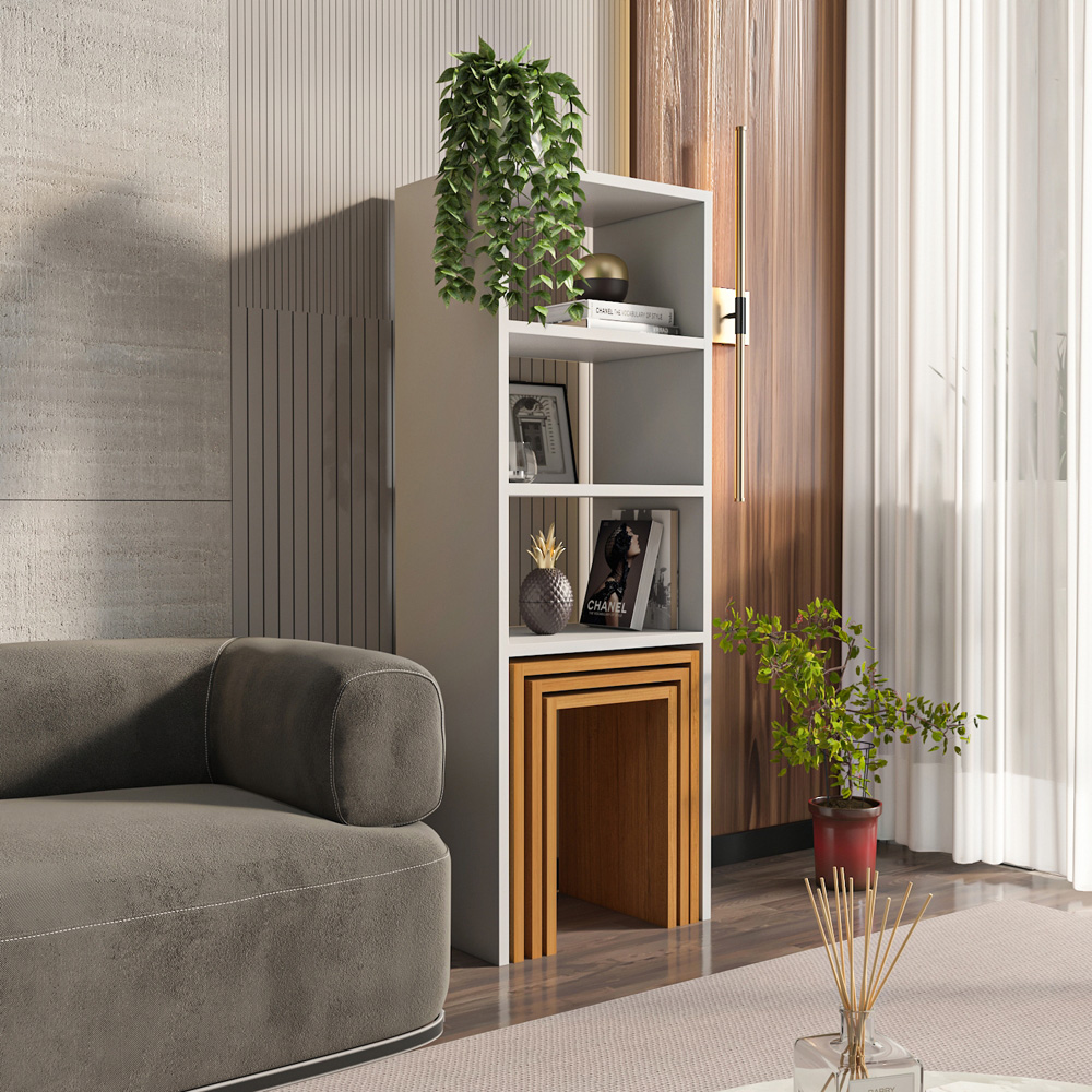 Decorotika Modern Melo 3 Shelf White Teak Bookcase with Nest of Tables Set of 3 Image 5