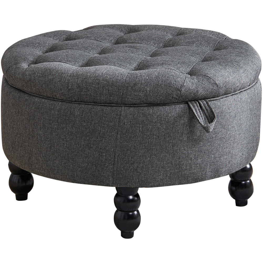 H&O Direct Grey Linen Round Ottoman with Tray Table Top Image 2