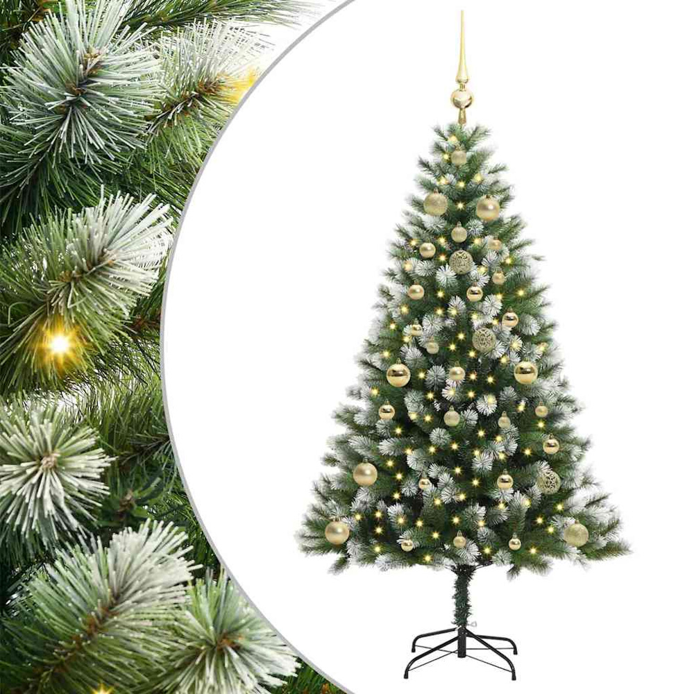 vidaXL Pre-Lit Gold Baubles Green Artificial Snow Tipped Hinged Christmas Tree 5ft Image 2