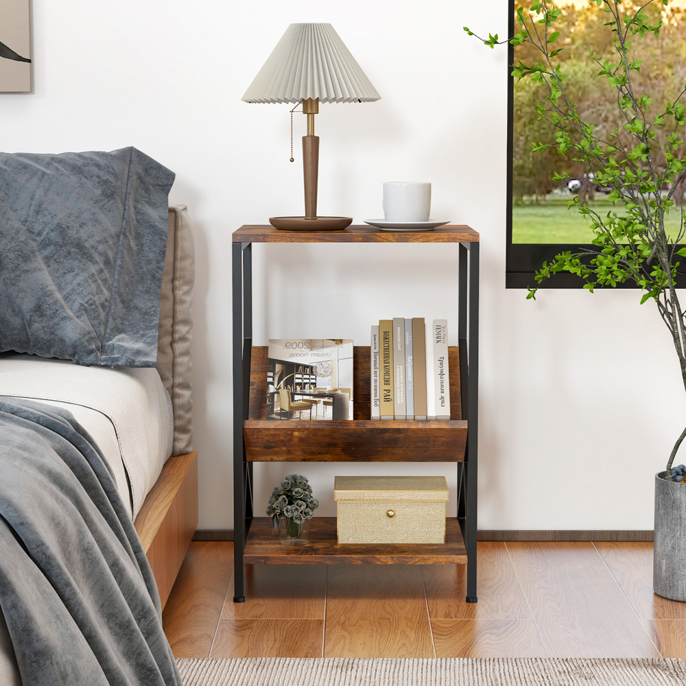 Costway 2 Shelf Rustic Brown V Shaped Side Table Image 4