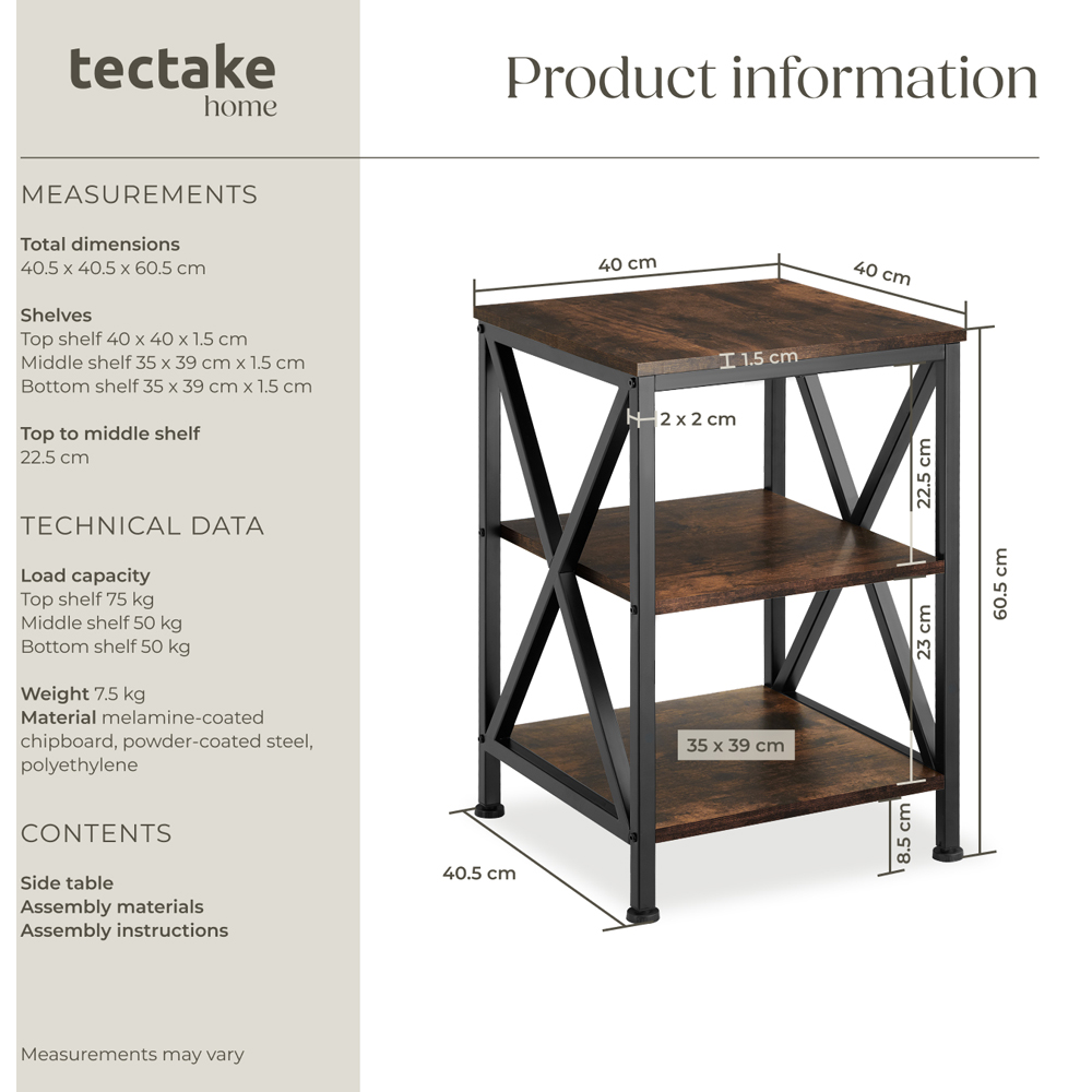 Tectake Nottingham 2 Shelf Rustic Dark Wood Bedside Table Image 9