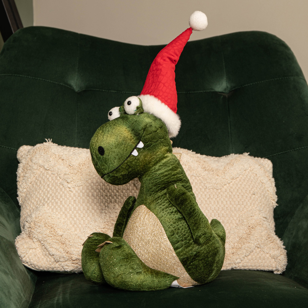 Samuel Alexander Green Sitting Christmas Dinosaur with Santa Hat Image 4