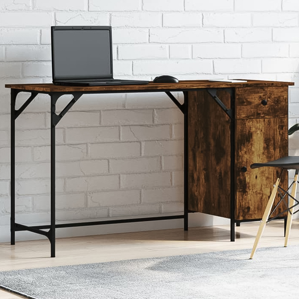 vidaXL Single Door Single Drawer Industrial Style Computer Desk Smoked Oak Image 1