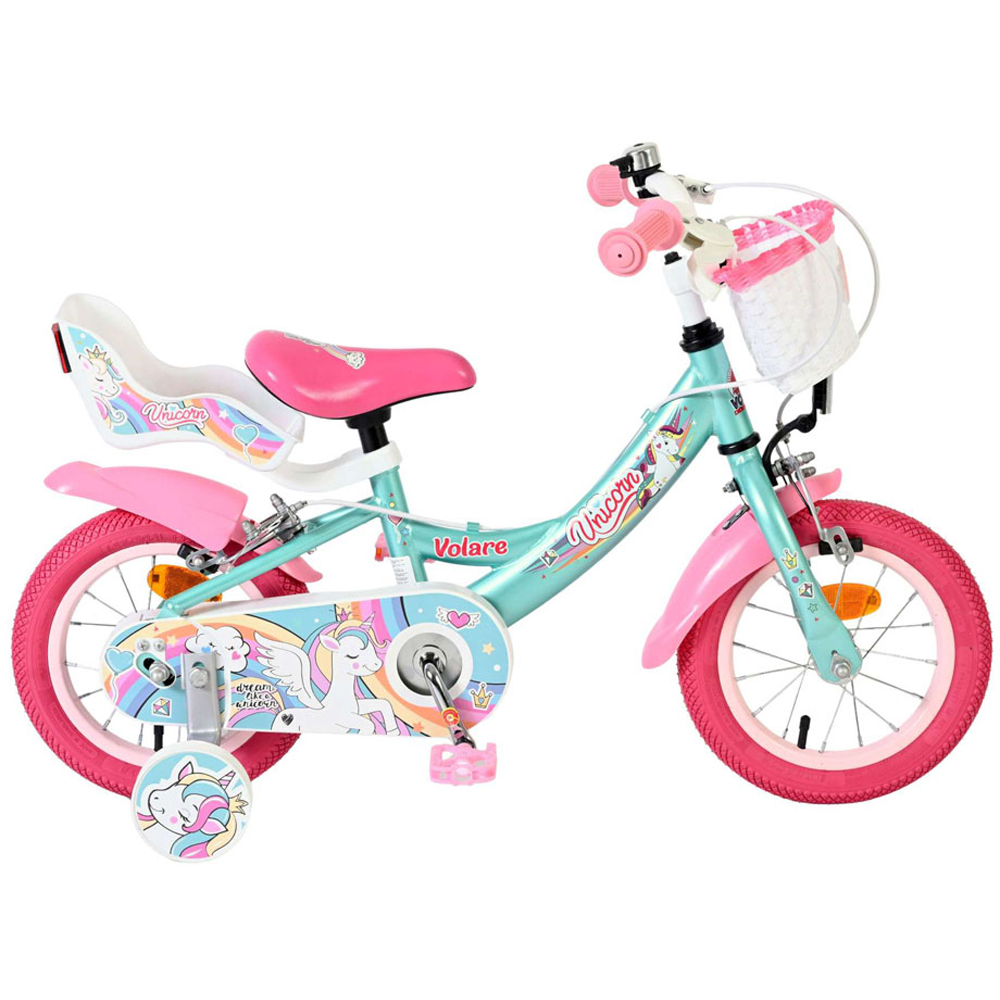 Volare Unicorn Kids 12 inch Green and Pink Bike with Stabilisers Doll Seat and Basket Image 6