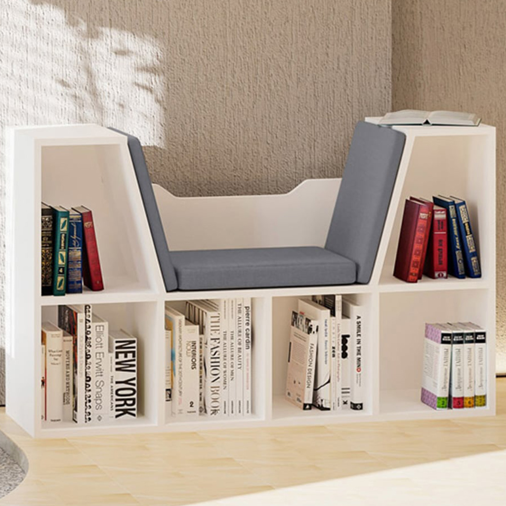 Portland 6 Shelf White Bookcase with Cushioned Reading Seat Image 1