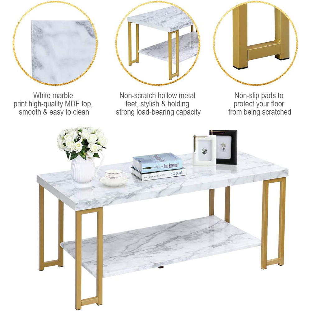 Costway Single Shelf Marble Print Coffee Table with Metal Frame Image 7