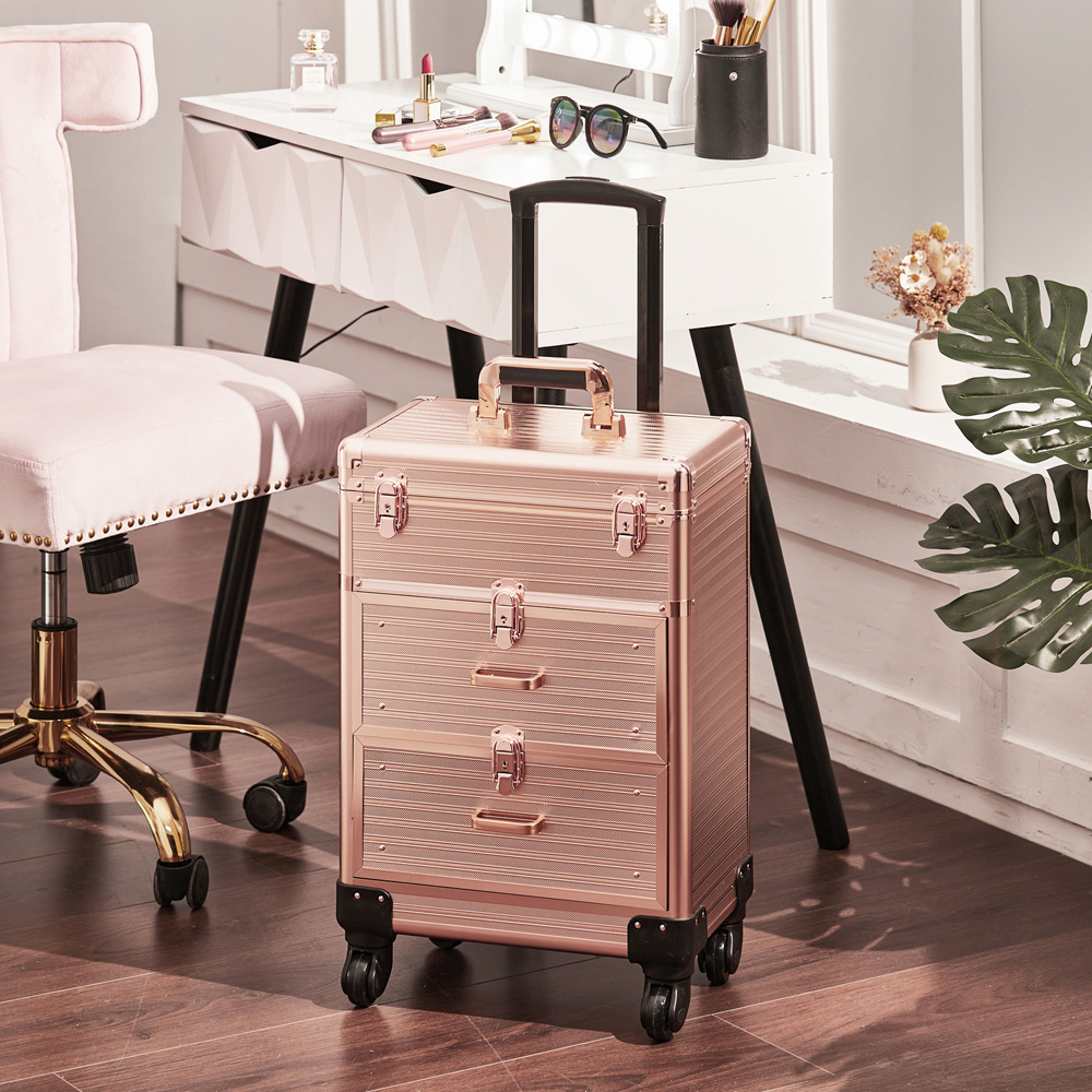 Living and Home 2 Drawer Rose Gold Portable Makeup Train Trolley Case Image 2