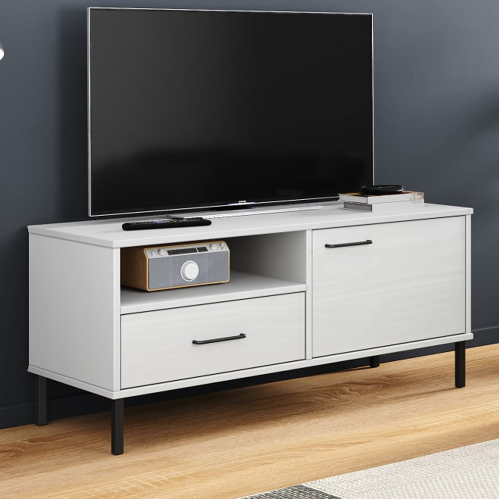 vidaXL Oslo Single Door Single Drawer Single Shelf White Solid Pine Wood TV Cabinet Image 1