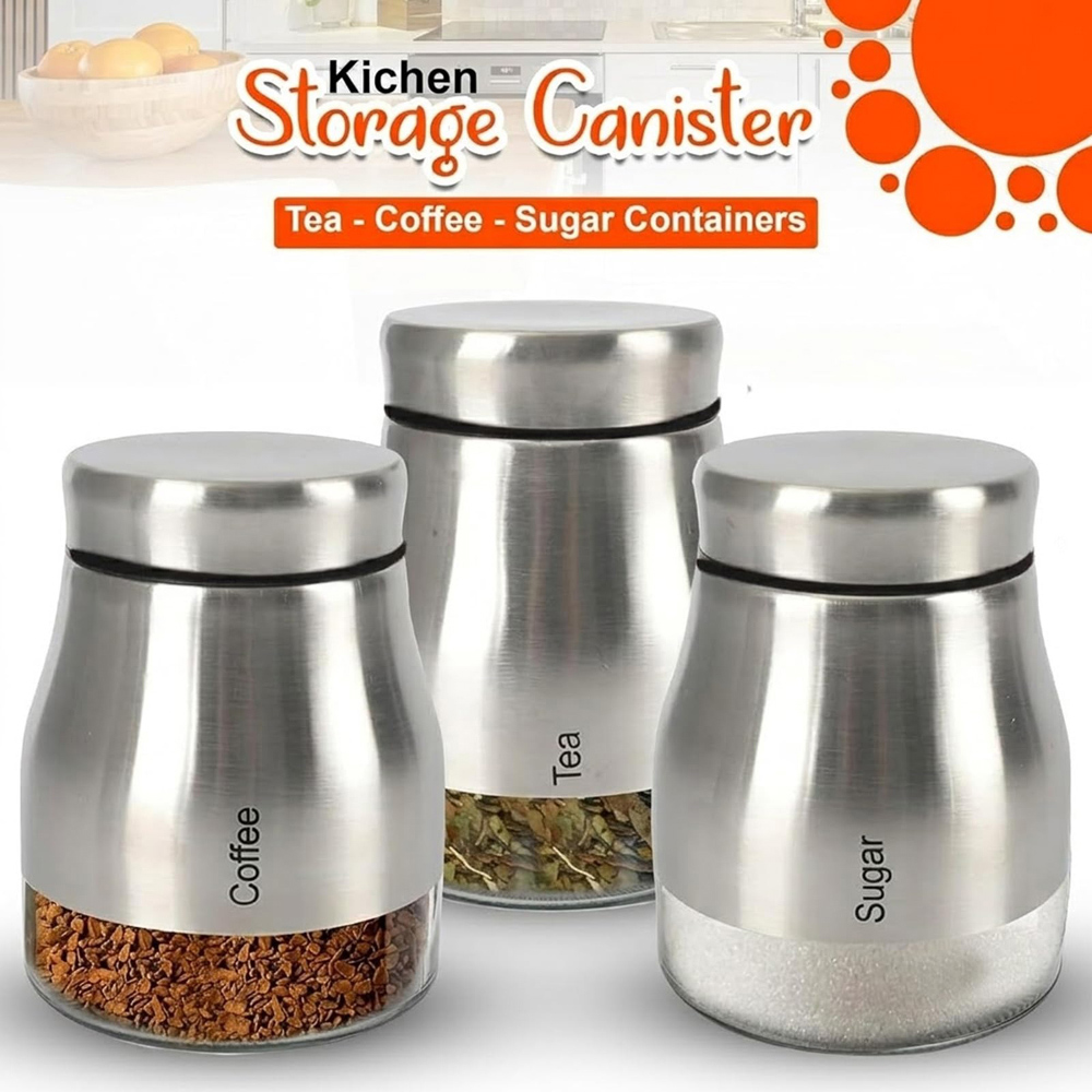 ATEK 3 Piece Tea Coffee and Sugar Silver Kitchen Canister Set Image 3