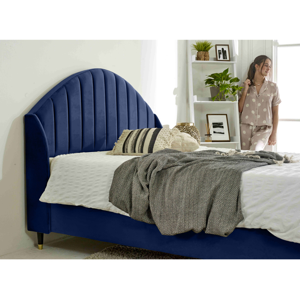 Eleganza Elysium Double Blue Plush Velvet Bed Frame with Curved Winged Headboard Image 3