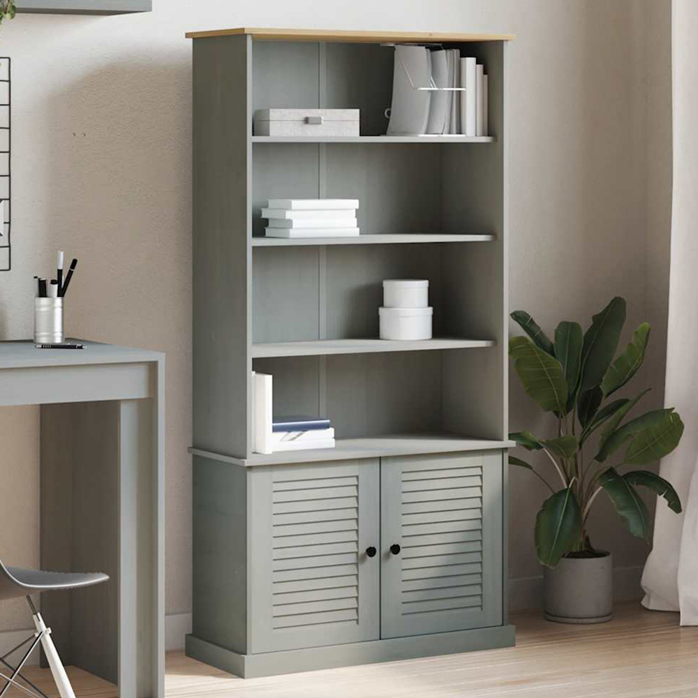vidaXL Vigo 2 Door 4 Shelf Grey Solid Pine Wood Bookcase Image 1