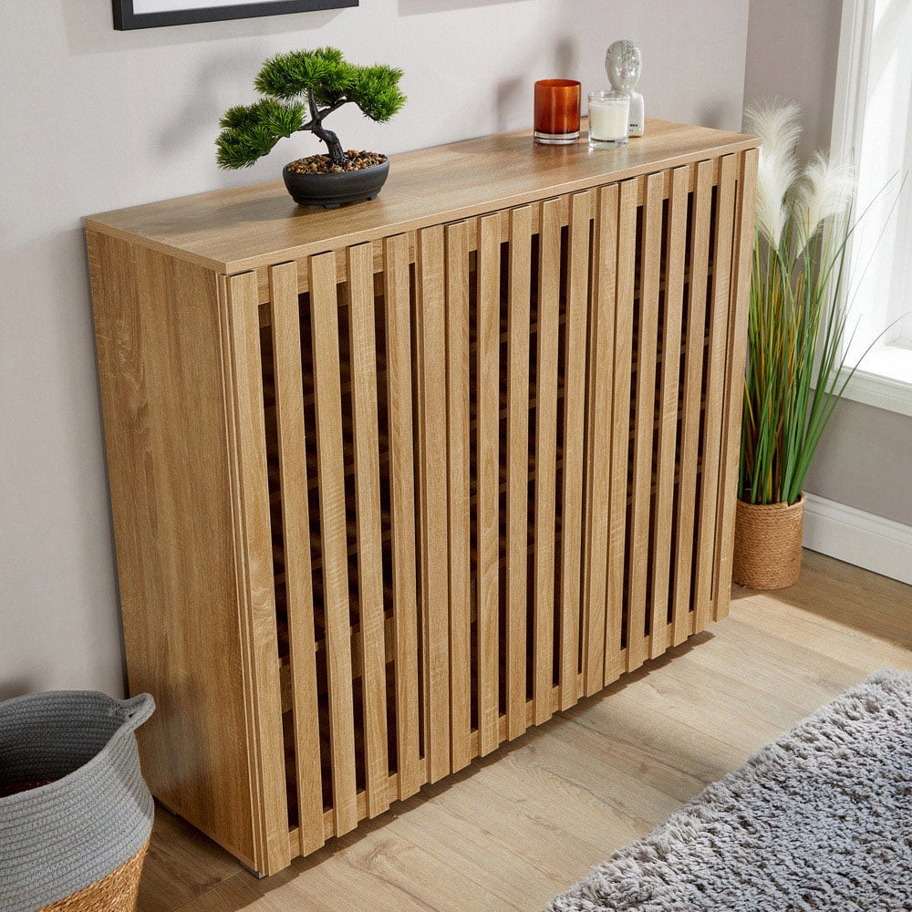 Home Source Halden 3 Door Oak Shoe Cabinet with Adjustable Shelves Image 5
