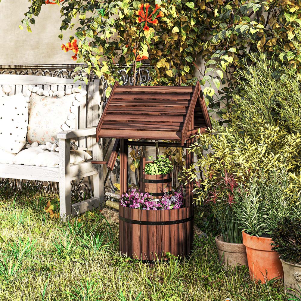 Outsunny Wooden Wishing Well Planter with Drainage Hole 100 x 42cm Image 2