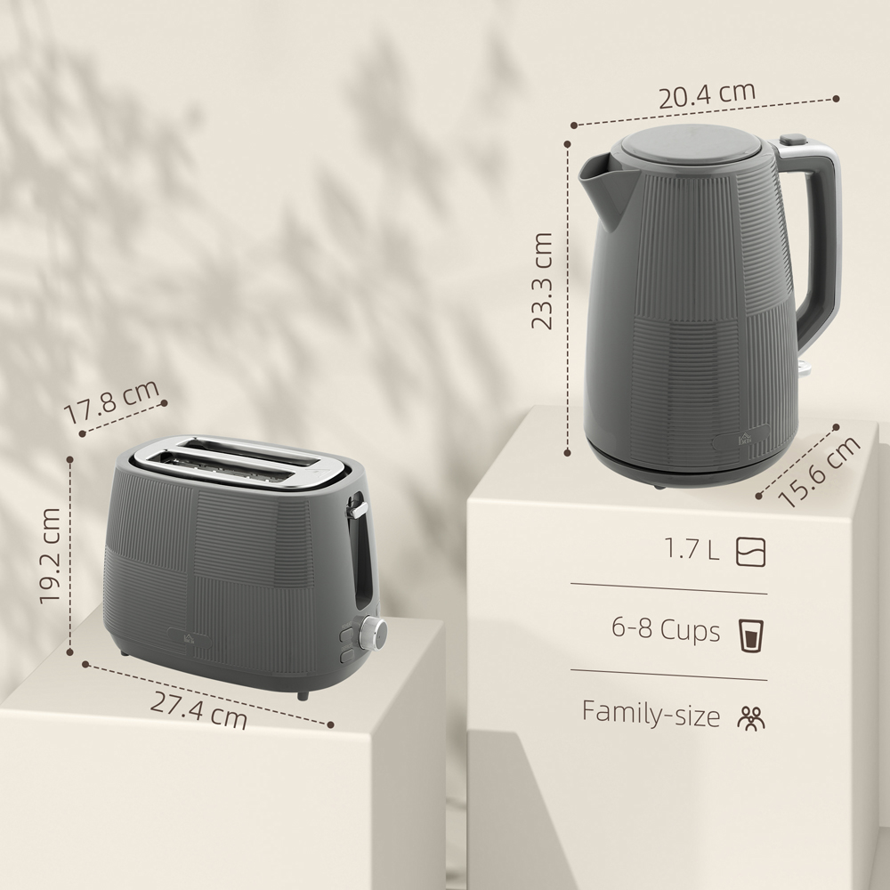 HOMCOM 800-233V70GY Grey 1.7L Fast Boil Electric Kettle 3000W and 2 Slice Water Toaster Set Image 9