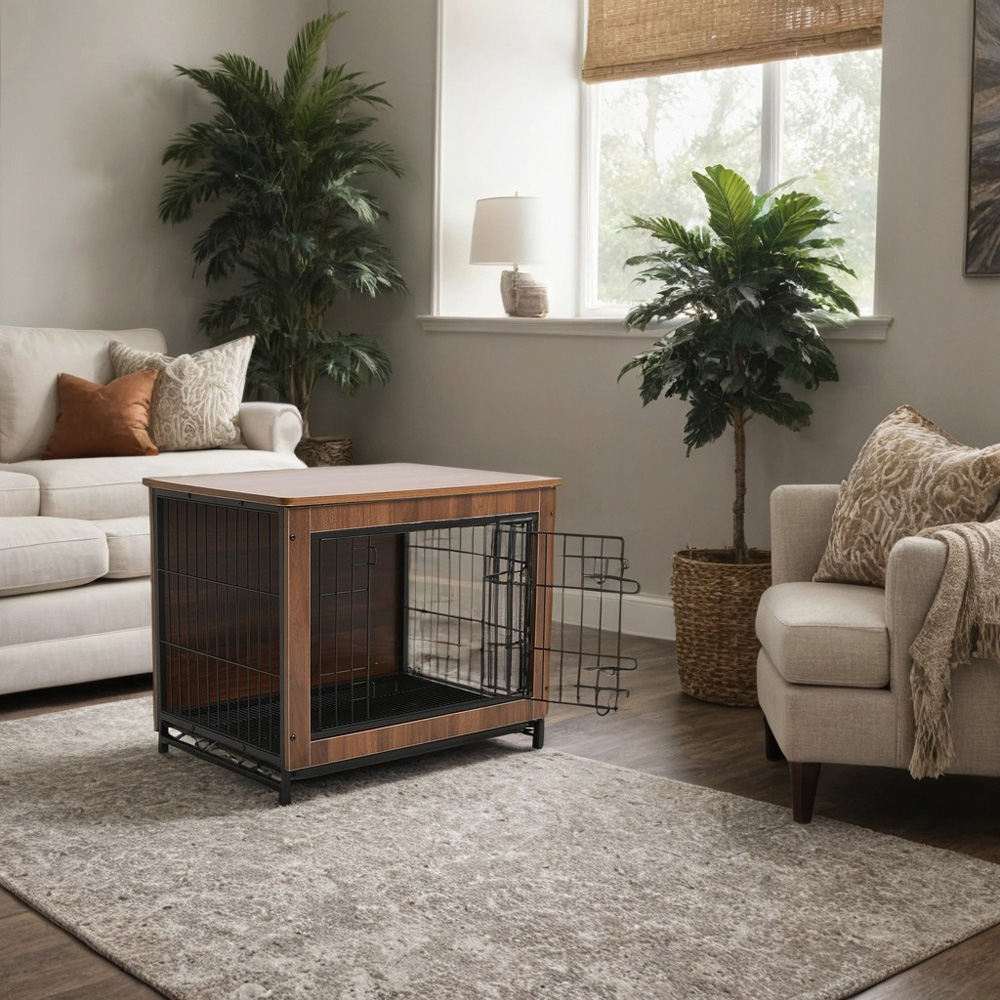 H&O Direct Brown Wooden Wire Pet Cage with Tray 73 x 55cm Image 2