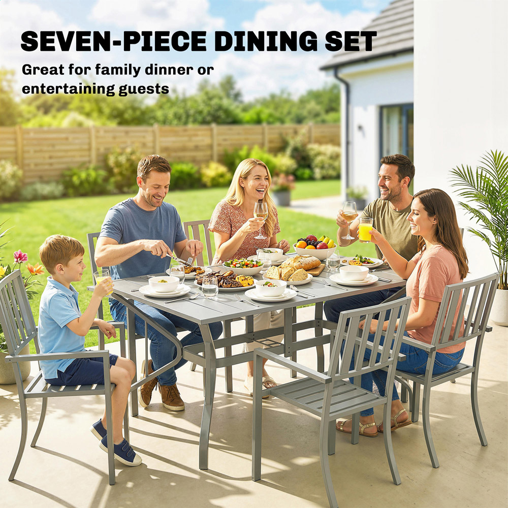 Outsunny 6 Seater Patio Stackable Dining Set with Umbrella Hole Light Grey Image 7