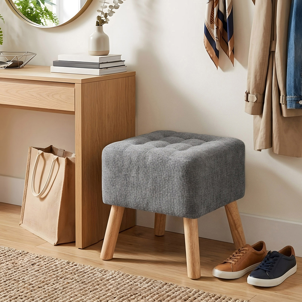 Living and Home Grey Chenille Button Tufted Square Footstool Image 7