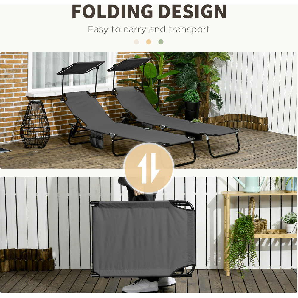Outsunny Set of 2 Dark Grey Adjustable Folding Sun Lounger with Sunshade Roof Image 6