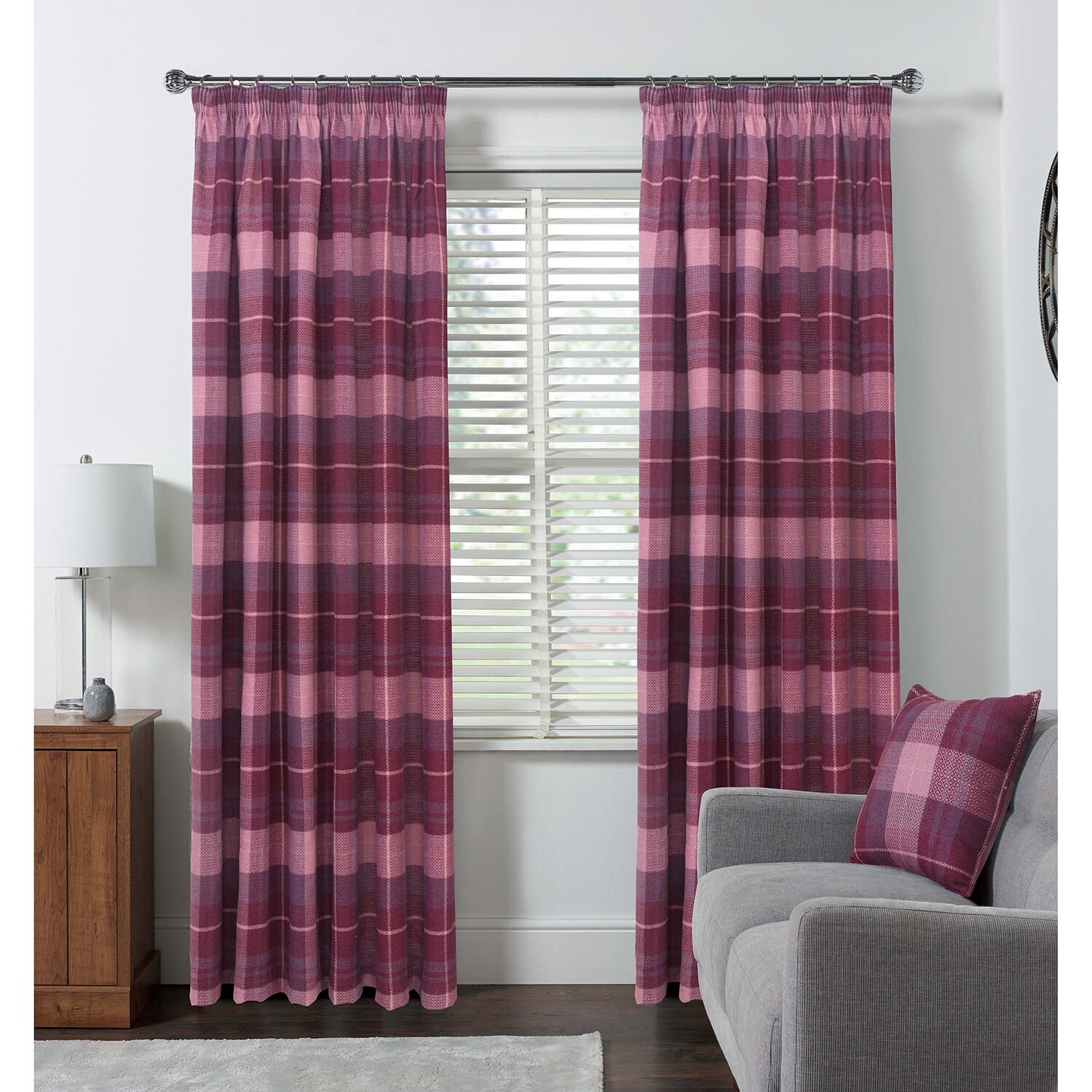 Enya Geo Check Mulberry Curtains - Mulberry / 183cm / 168cm Image 2