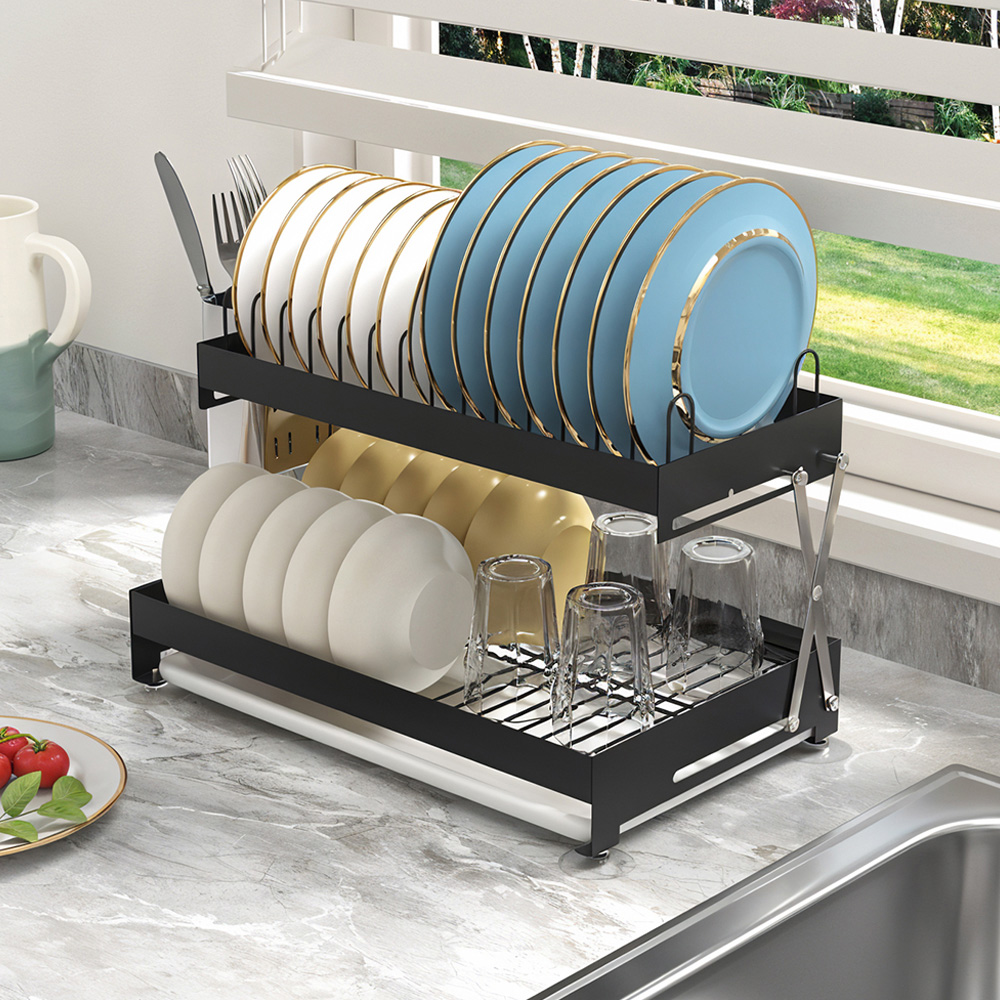 Living and Home 2 Tier Gunmetal Grey Carbon Steel Dish Drainer with Secure Plate Slot Image 2