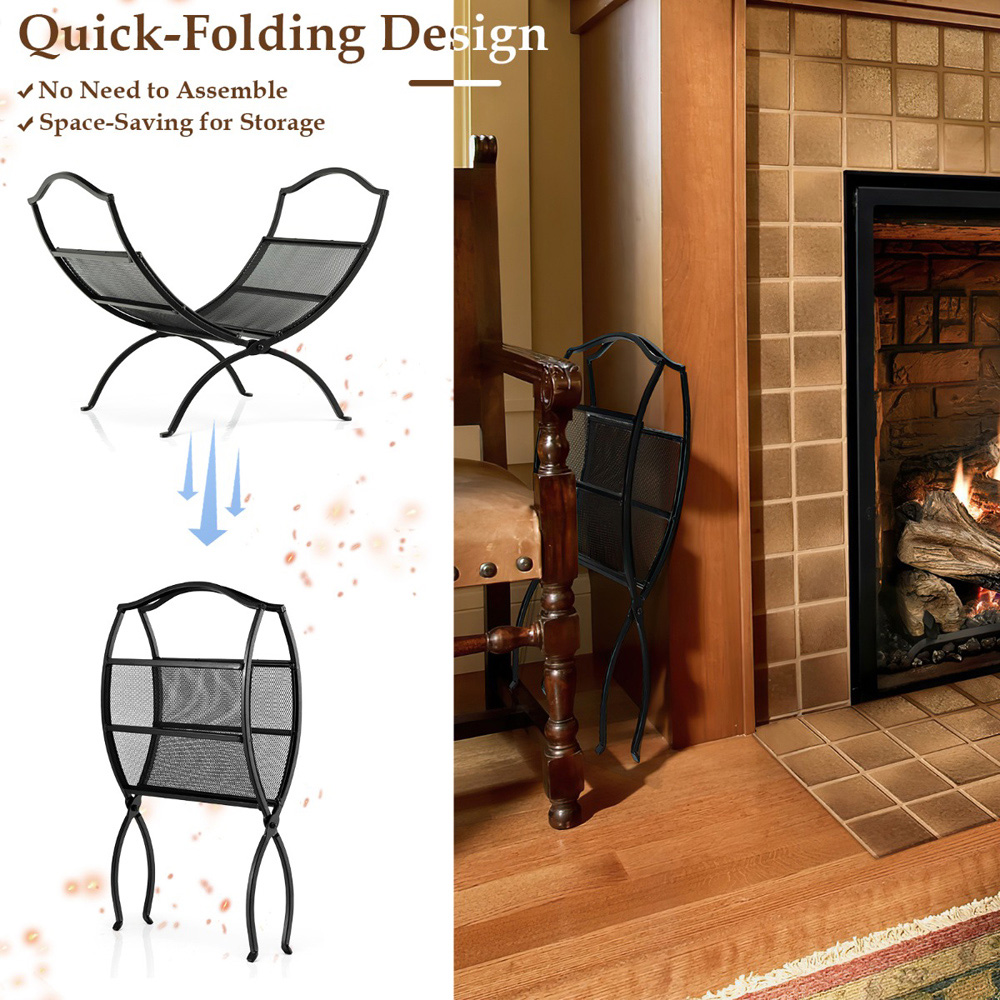 Costway Black Portable Fireplace Log Rack with Handle Image 5