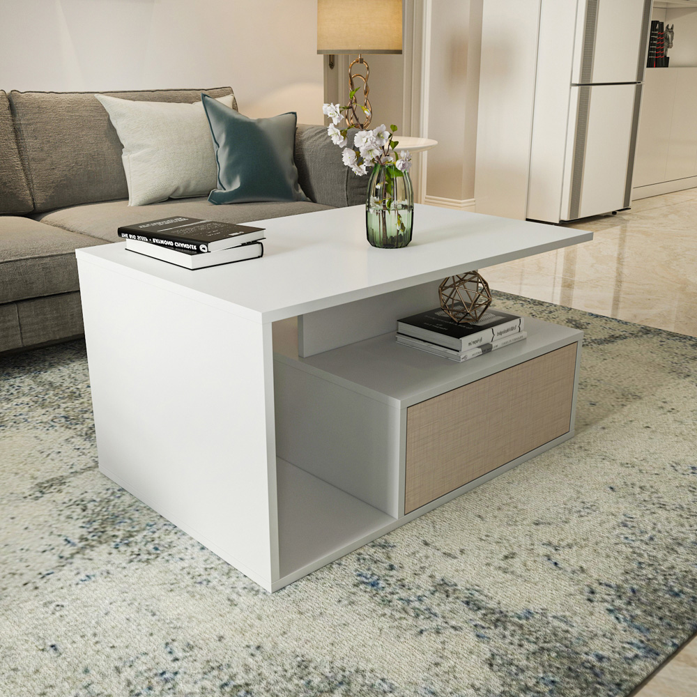 Decorotika Mana White and Beige Coffee Table with Shelf and Cabinet Image 4