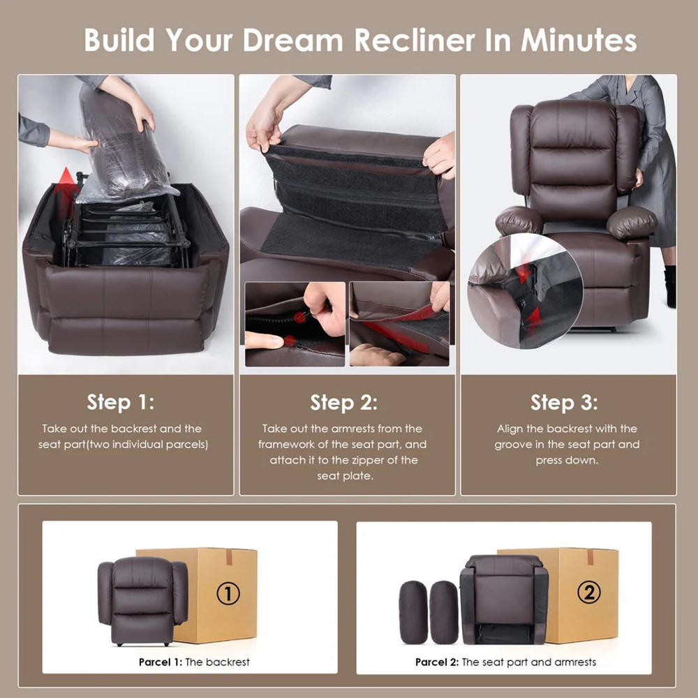 Rattrix Brown PU Leather Manual Reclining Chair with Padded Backrest and Retractable Footrest Image 7