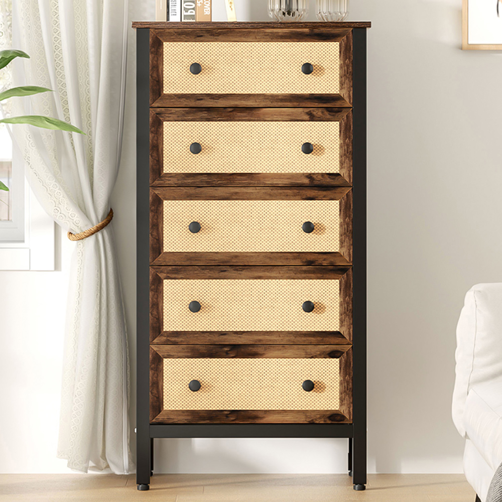 H&O Direct 5 Drawer Rattan Detailing Rustic Cabinet Image 1