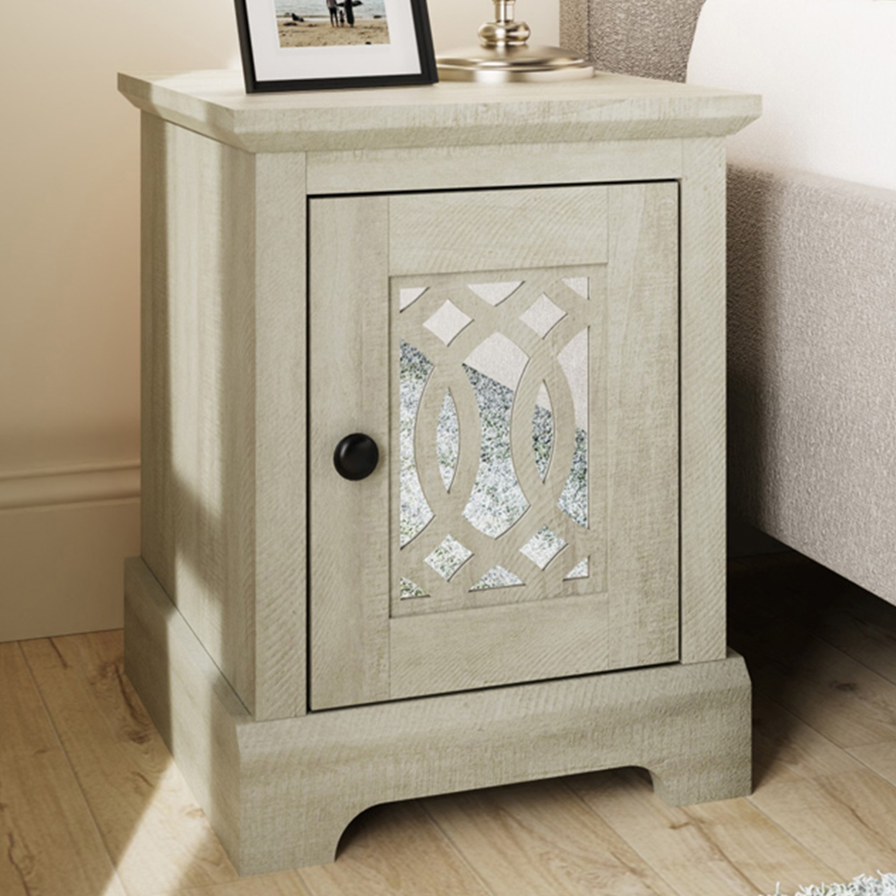 GFW Amelie Single Door Dusty Grey Oak Mirrored Bedside Table Image 1