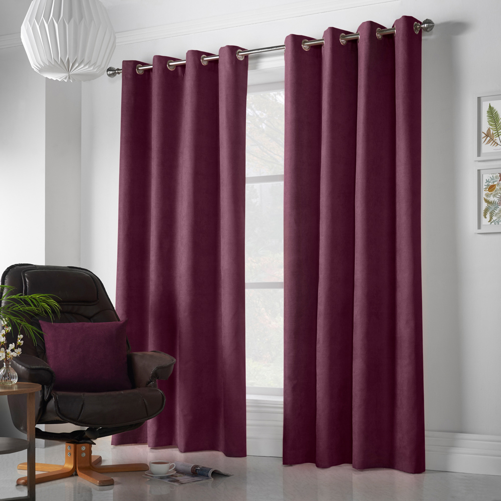 Alan Symonds Aubergine Velvet Chenille Ring Top Eyelet Curtains 142 x 229cm Image 4