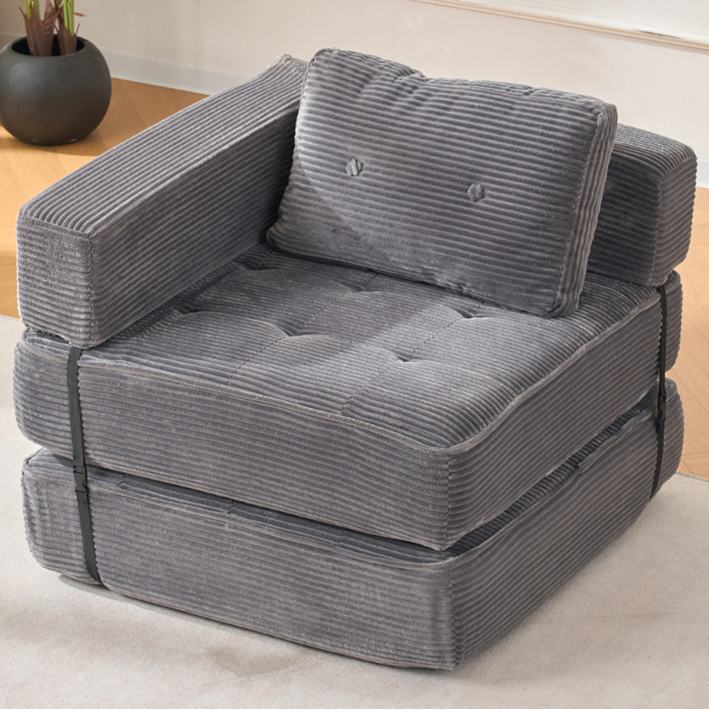 Living and Home Single Seater Grey Foldable Corduroy Upholstered Sofa Bed Image 1