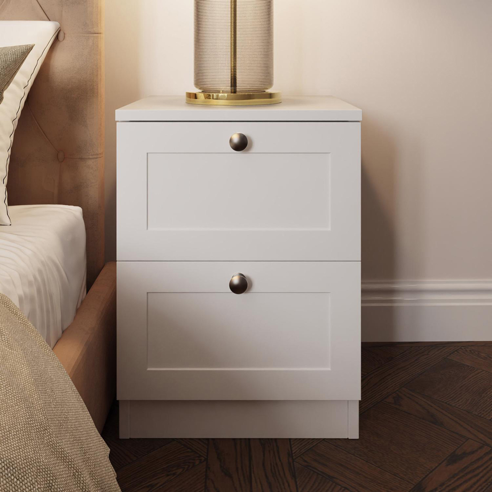 FWStyle Artus 2 Drawer White Panelled Bedside Table Image 4
