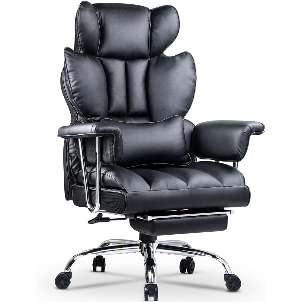 Rattrix Black Leather Ergonomic High Back Swivel Office Chair with Footrest Image 2