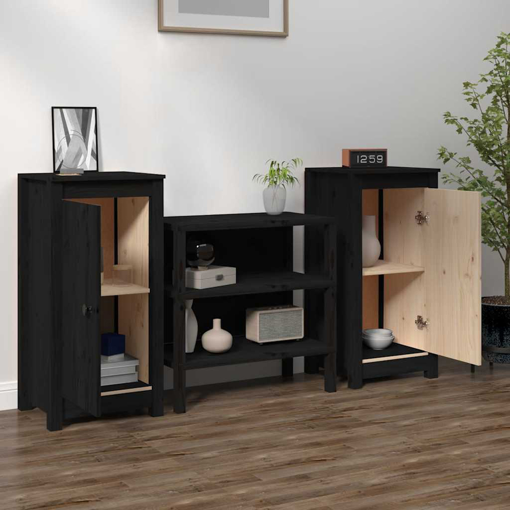 vidaXL Single Door Black Solid Pine Wood Sideboard Set of 2 Image 3