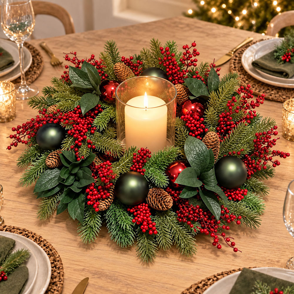 Neo Green and Red Artificial Christmas Wreath with Berries and Pine Cones 50cm Image 3