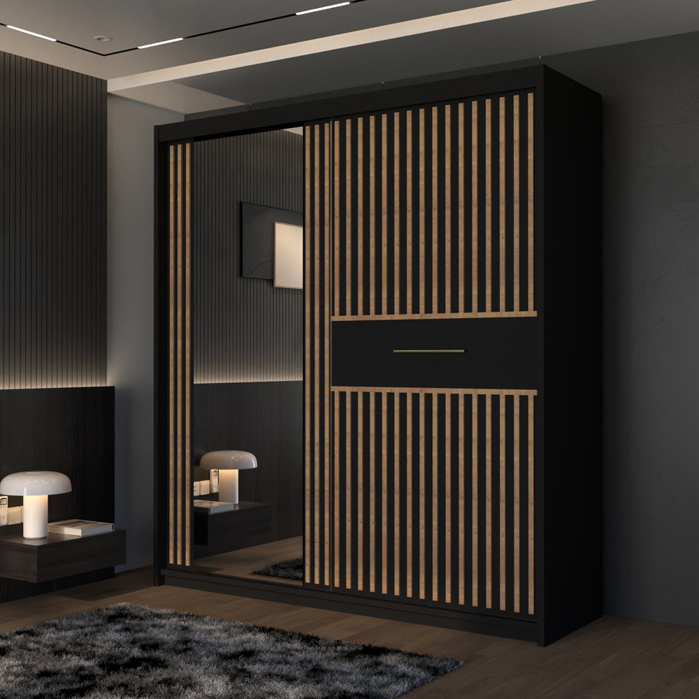 M N Furniture Laiyal 2 Door Black Mirrored Sliding Wardrobe with Oak Strip 150cm Image 5
