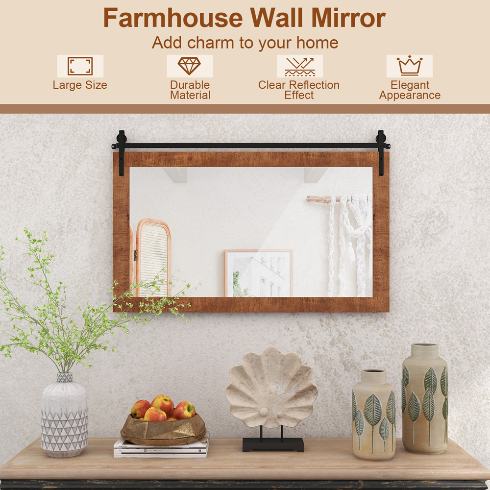Costway Brown Fir Wood Frame Farmhouse Wall Mirror 66 x 100cm Image 5